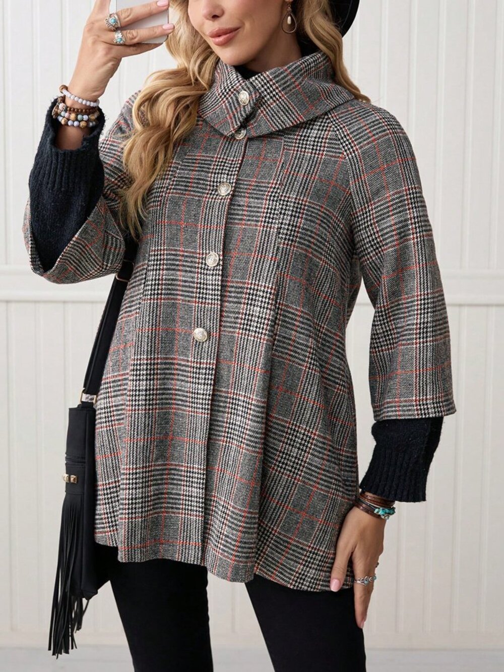 Grey Casual Women's Elegant Plaid Regular Fit Loose Hem Jacket